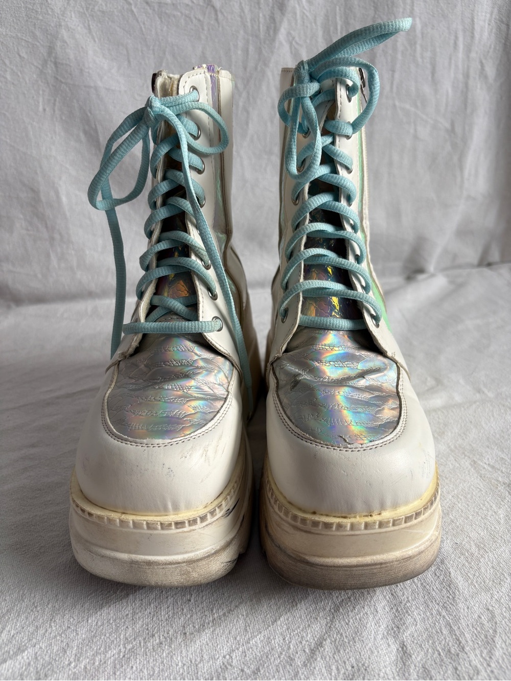 White Platform Lace-Up Boots with Holographic Toe and Light Blue Laces